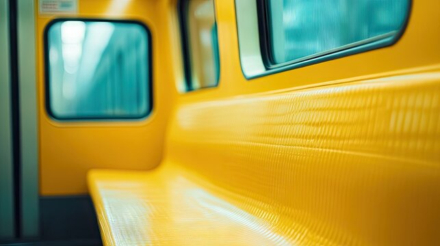 A close-up view of a vibrant yellow subway bench in a modern underground station. with blurred lights and empty tracks creating a serene atmosphere in the background