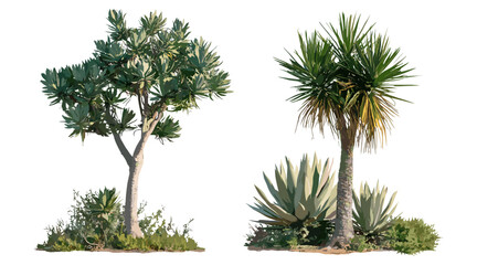 Yucca brevifolia and Phoenix dactylifera isolated cutout in bright sunlight, vector illustration, desert landscape, palm trees, xeriscape, drought-tolerant plants, arid environment.
