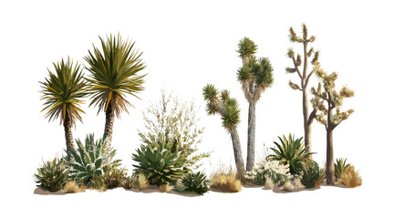 Set of Yucca brevifolia and Phoenix dactylifera trees in sunny daylight, isolated cutout, vector illustration, desert plants, tropical flora, exotic garden, nature decor. © aura studio