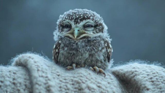 Sleepy owlet perched on cozy knit