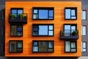 Fototapeta premium Modern apartment building facade with orange wood siding, black-framed windows, and small balconies