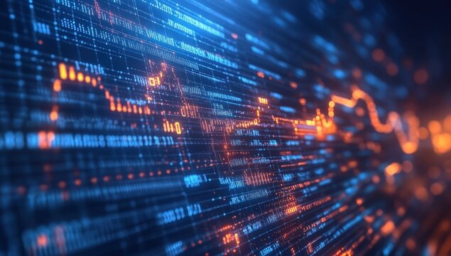 Abstract digital data stream with glowing orange and blue lines - Powered by Adobe