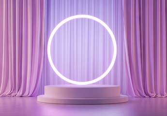 A minimalist stage setup featuring a circular platform and a large round mirror against a backdrop of flowing purple curtains. creating a serene atmosphere for presentations or displays