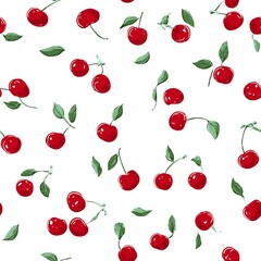 Vibrant Red Cherries Dance Across a White Canvas, a Delightful Summertime Pattern