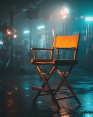 Director's chair on film set with lights and fog moody cinematic atmosphere low angle shot stage production