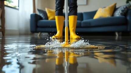 Person in yellow boots mops up water in flooded living room, home damage concept