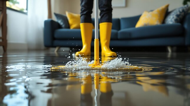 Person in yellow boots mops up water in flooded living room, home damage concept