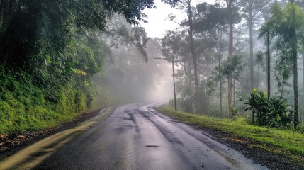 Fototapeta premium Misty Mountain Road: A Serene Drive Through the Fog