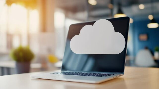 A sleek laptop displaying a cloud symbol sits on a minimalist desk. Bright natural light streams through the office windows, highlighting a modern workspace emphasizing connectivity and innovation