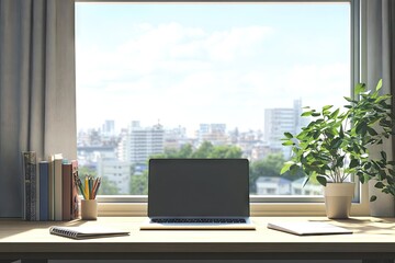 Fototapeta premium A serene evening view from a modern office workspace overlooking a vibrant city skyline at sunset. highlighting the tranquility of urban life and remote work possibilities