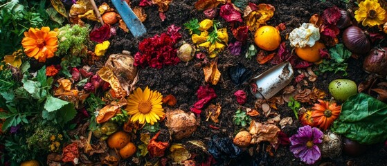 Garden scene with compost pile, flowers, and tools showing composting of organic waste in a colorful, vibrant setting.