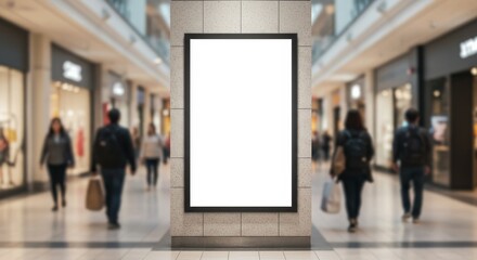 Blank advertising billboard in busy shopping mall corridor  