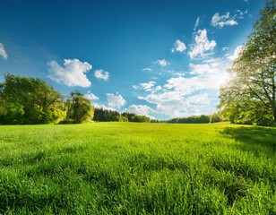Obraz premium beautiful spring summer natural landscape with a meadow of grass trees and blue sky with clouds on a bright sunny day