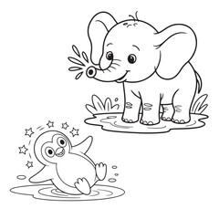 Naklejka premium Playful Elephant Spraying Water and Surprised Penguin Coloring Page