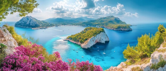 A serene seascape with small boats, lush cliffs, and islands against a blue sky, creating a tranquil and picturesque view.