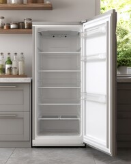 Fototapeta premium Open refrigerator in modern kitchen setting showcasing empty shelves and door compartments, interior shot, home appliance