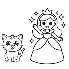 Cute Princess with Sparkling Stars and Friendly Cat Coloring Page