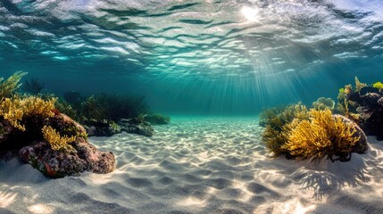 Naklejka premium Serene underwater scene showcasing vibrant coral reefs and sandy seabed illuminated by sunrays filtering through clear blue water. ideal for nature and marine life themes