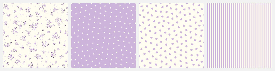Vector illustrations. Set of 4 Seamless patterns in pastel violet tones, tiny flowers, dots, hearts, stripes. Summer, vacation, fabric design, wrapping paper design
