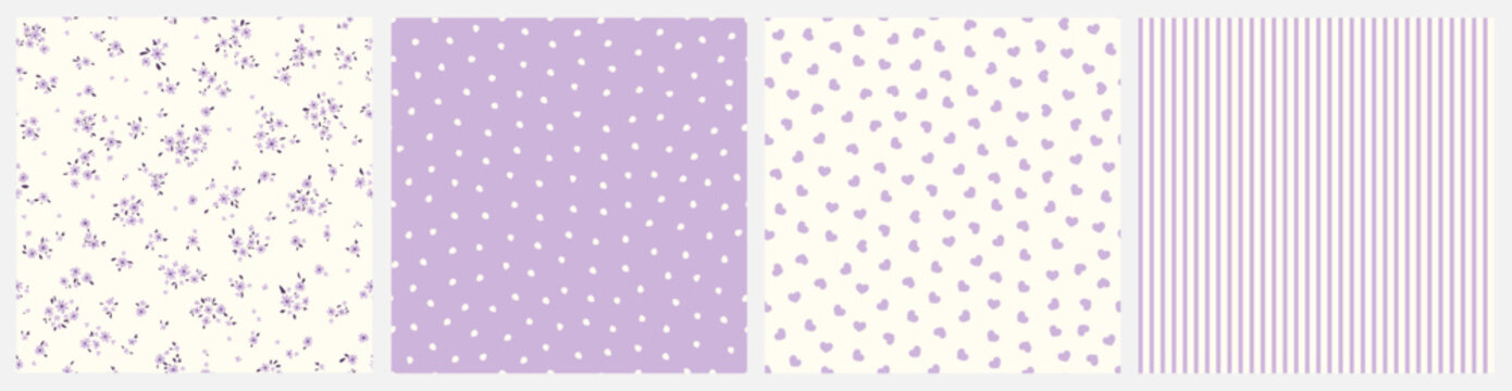 Vector illustrations. Set of 4 Seamless patterns in pastel violet tones, tiny flowers, dots, hearts, stripes. Summer, vacation, fabric design, wrapping paper design