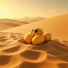 A digital artwork captures a scene featuring several ripe melons, each with sunglasses resting atop them, set against a desert backdrop with a serene sky.