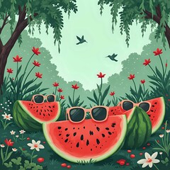 A whimsical illustration depicting three watermelon slices with sunglasses on top, set against a lush, green forest backdrop with red flowers and a hummingbird in flight.