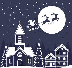 Santa Flying Over Rooftops Christmas Night Scene with Stars and Moon