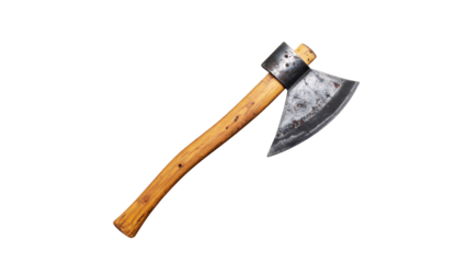 An old rusty axe with a wood handle and sharp metal blade isolated on a white background