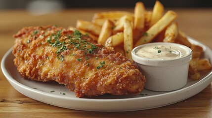 Crispy fish and chips with dipping sauce