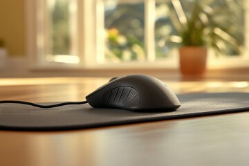 Close-up View of a Computer Mouse on a Mouse Pad with Sunlight Illuminating a Modern Interior Space Featuring Green Plants in the Background