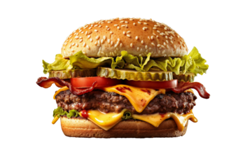 Bacon Double Cheeseburger with Lettuce, Tomato, Pickles, and Sesame Bun. Juicy Beef Patty with Melted Cheddar, Crispy Bacon, and Sauce. Fast Food, Delicious Meal, Unhealthy Eating, Street Food, Americ