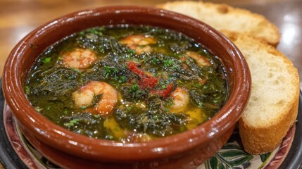 Gambas al Ajillo Tapas Dish Served with Bread in Spain; Overhead Close Up View of Traditional Spanish Cuisine