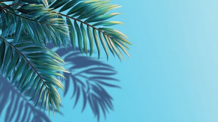 Fototapeta premium Palm leaves cast soft shadows on a bright blue background, creating a minimal and tropical summer vibe with natural light and clean composition.