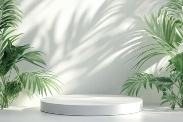 A serene. modern display area surrounded by lush greenery. featuring a circular white pedestal. illuminated by soft natural light streaming through the leaves