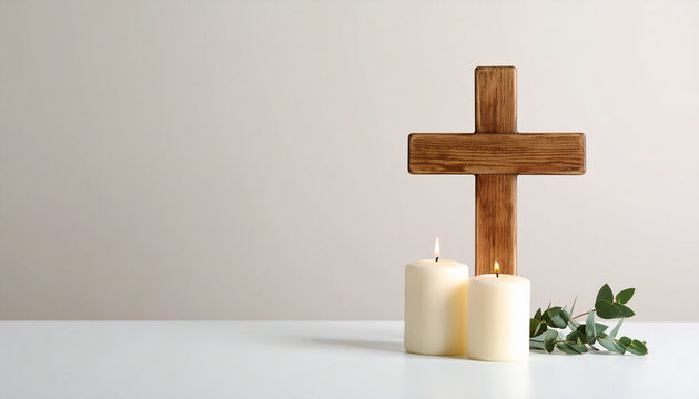 Minimalist wooden cross and white candles. Christian symbol of faith. Peaceful religious theme.