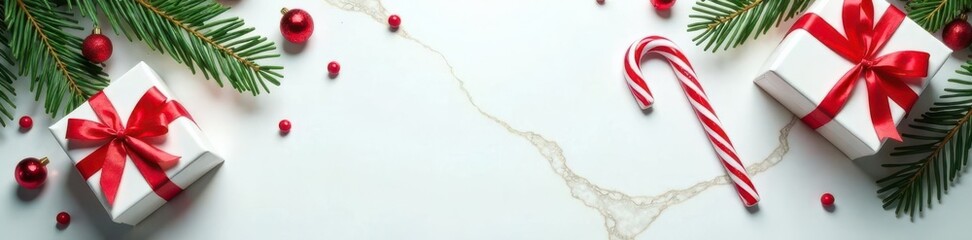 Elegant white marble tabletop, festive Christmas decor Pine, candy canes, gifts Copy space , present, pine cone, table