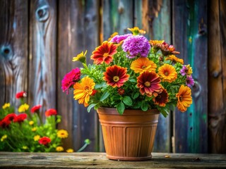 Obraz premium Serene Garden: Flowers in Pot, Rustic Fence Background - High Depth of Field Photography