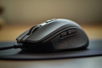 Close-up View of a Modern Gaming Mouse on a Soft Surface, Showcasing Ergonomic Design and Advanced Features for Enhanced Gaming Performance