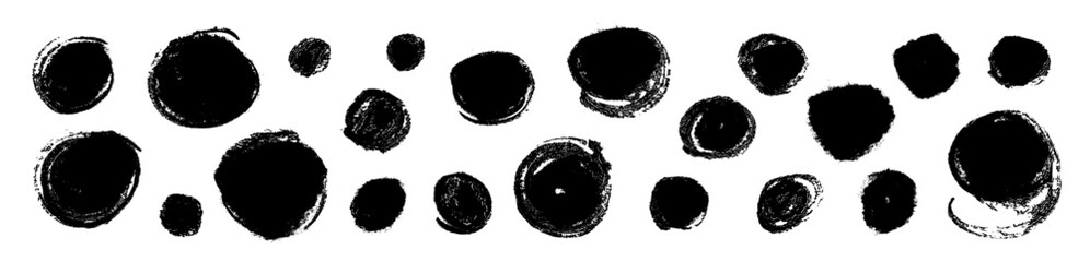 Grungy vector brush circle set. Rough scribble collection. Hand drawn grunge round sketch elements. Charcoal pencil textured circle lines. Round chalk text boxes  and textures. Each element isolated