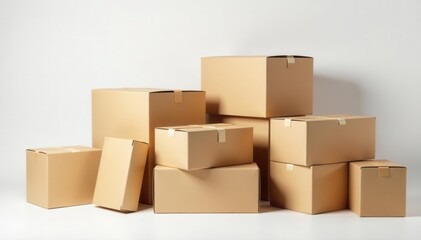 Obraz premium Neatly arranged cardboard boxes, white backdrop, packaging, new, stack
