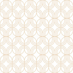 Geometric chain link overlapping gold line ovals seamless pattern. Mid century modern ellipses on white background.