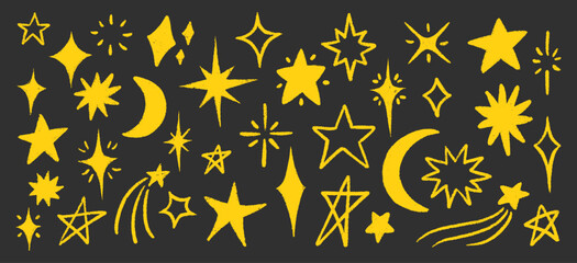 Crayon Star and Moon Doodle Set in Hand-Drawn Style. Includes Spark Yellow Stars