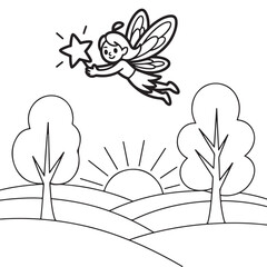 Enchanting Fairy Flying Over a Magical Landscape Coloring Page