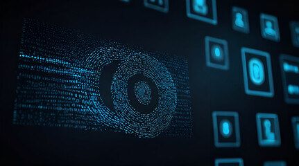 Blue fingerprint scan icon on virtual screen while finger scanning for security access with biometrics identification on dark. Cyber security, protection technology for business. ,generative.ai