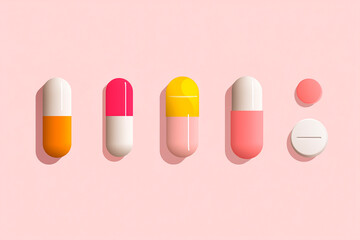 Minimalist flat illustration of various pills and capsules, clean design, simple medical concept, colorful medication icons