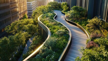 Serpentine elevated walkway meandering through a vibrant, sunlit urban garden