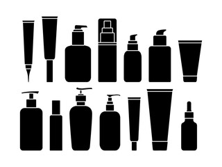 Vector Shampoo and Beauty Bottle Set. Skincare Product Silhouettes with Jars, Tubes and Containers for Cosmetics