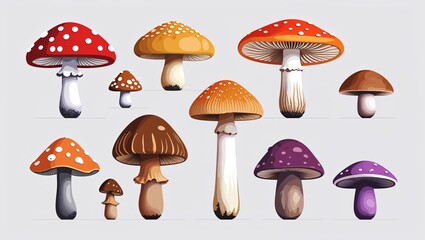 Minimalist Mushrooms and Fungi Icon Set – Flat Vector Illustrations of Wild, Edible, and Forest Mushroom Species
