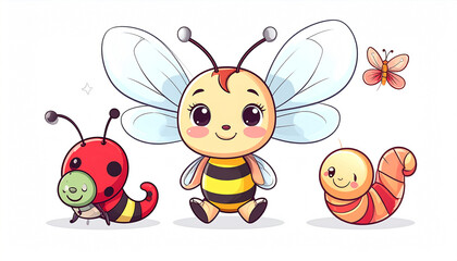 Adorable cartoon insects a ladybug, bee, caterpillar, and butterfly,  displayed against a white background in a cute, child-friendly style