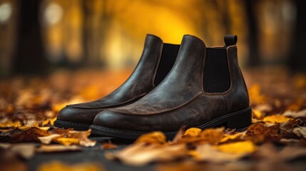 Dark brown leather ankle boots on autumn leaves